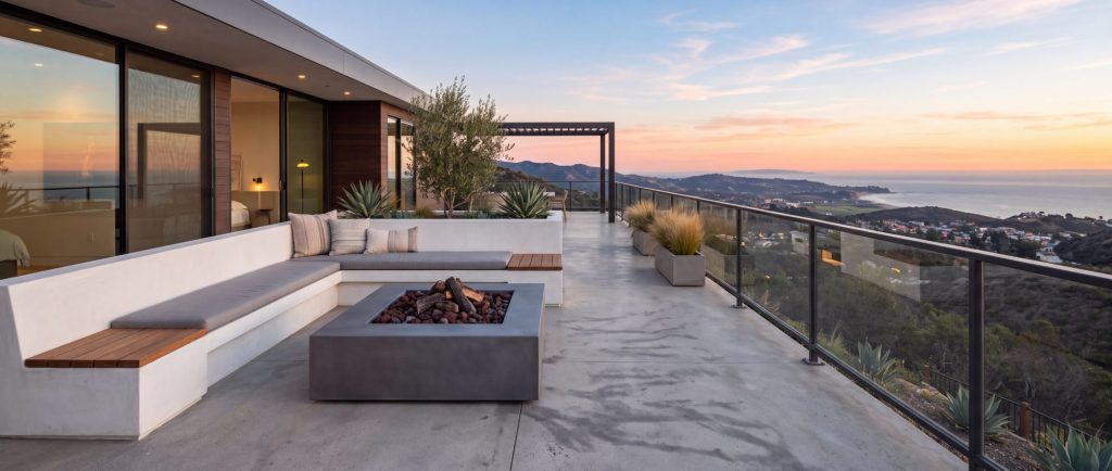 Modern terrace with fire pit and ocean sunset view