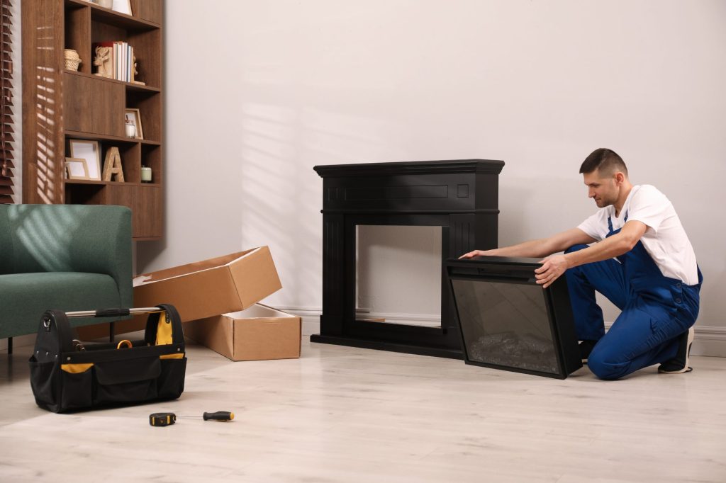 Technician installing a fireplace in a home