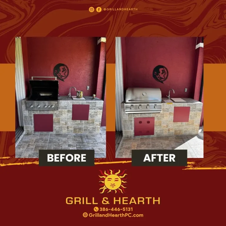 Before and after of a Blaze grill replacing a KitchenAid grill