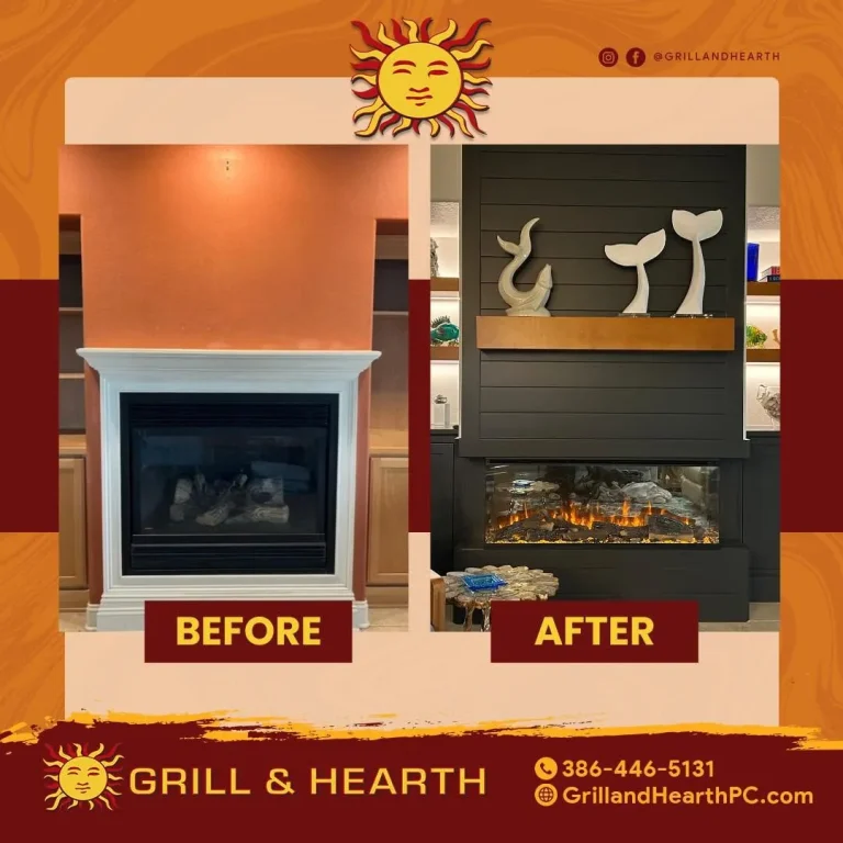 Before and after of a British Fires three sided electric fireplace