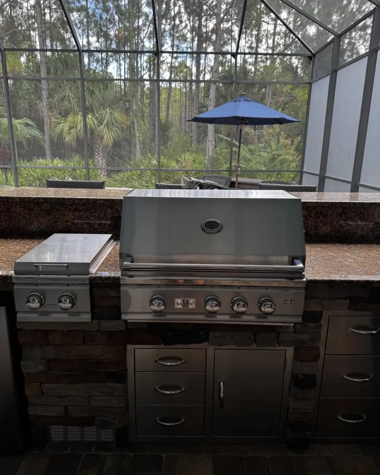 Before and after of a built-in grill replacement in a stone outdoor kitchen