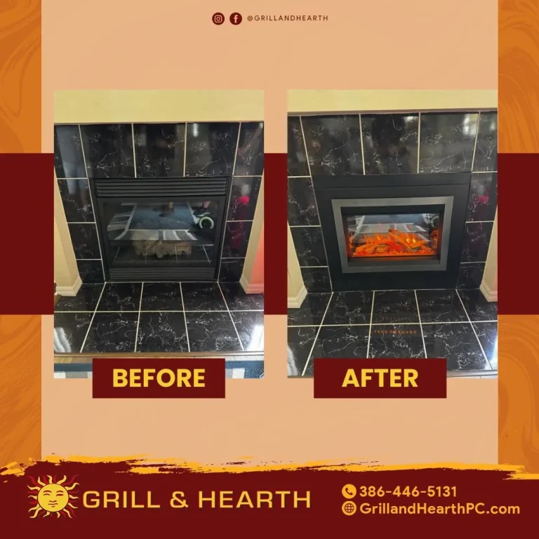 Before and after of a propane fireplace replaced with a Valor electric