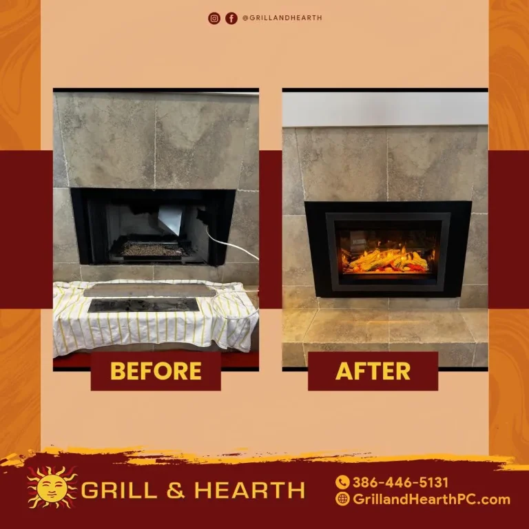 Before and after of a gas fireplace replaced with a Valor GE3