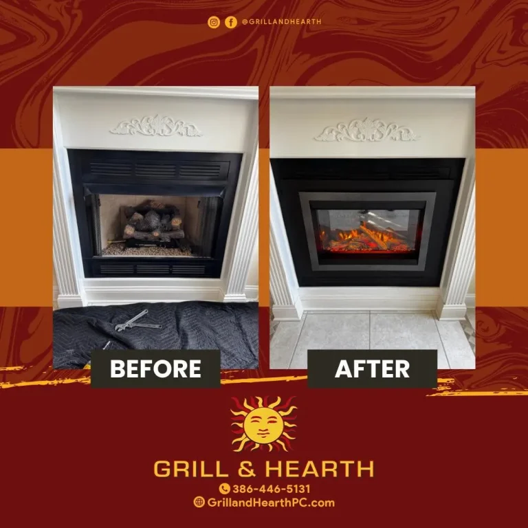 Before and after of a gas to electric fireplace changeout