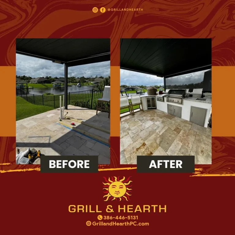 Before and after of a lakeside outdoor kitchen
