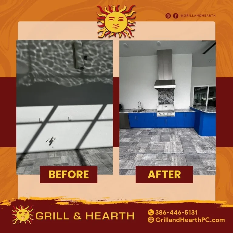 Before and after of a large Palm Coast outdoor kitchen with blue cabinets
