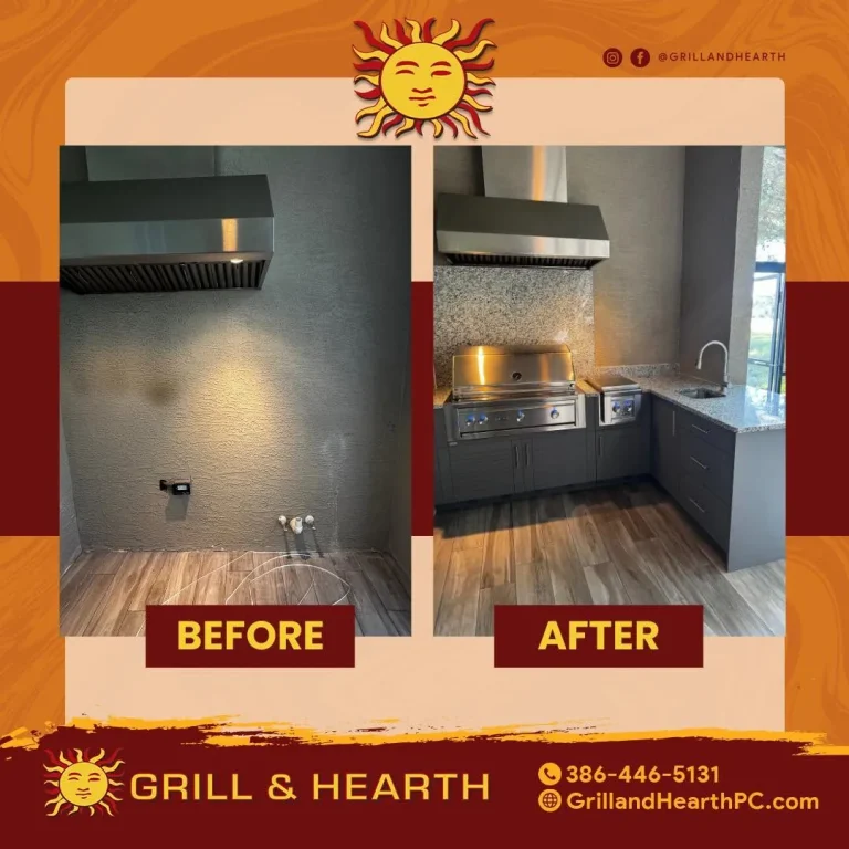 Before and after of a modern outdoor kitchen with gray cabinets