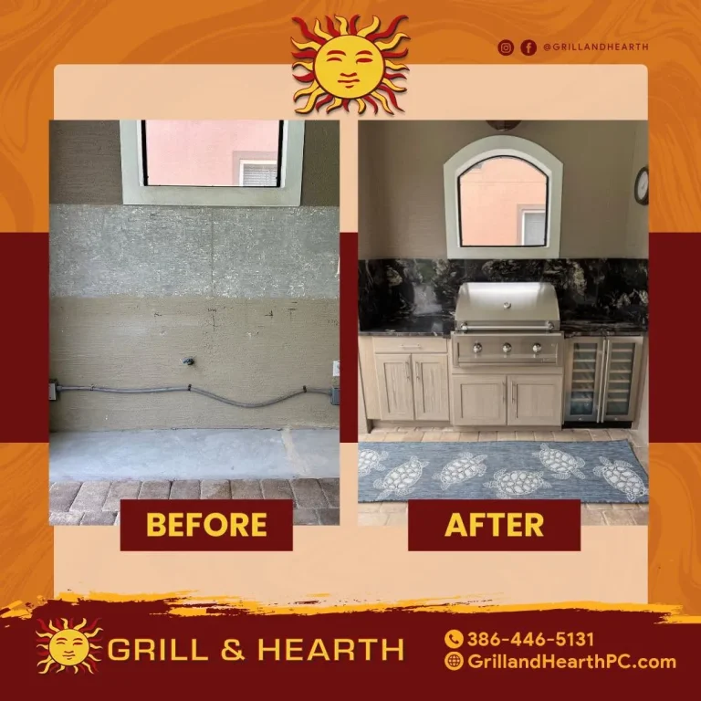 Before and after of a NatureKast outdoor kitchen with Artisan grill