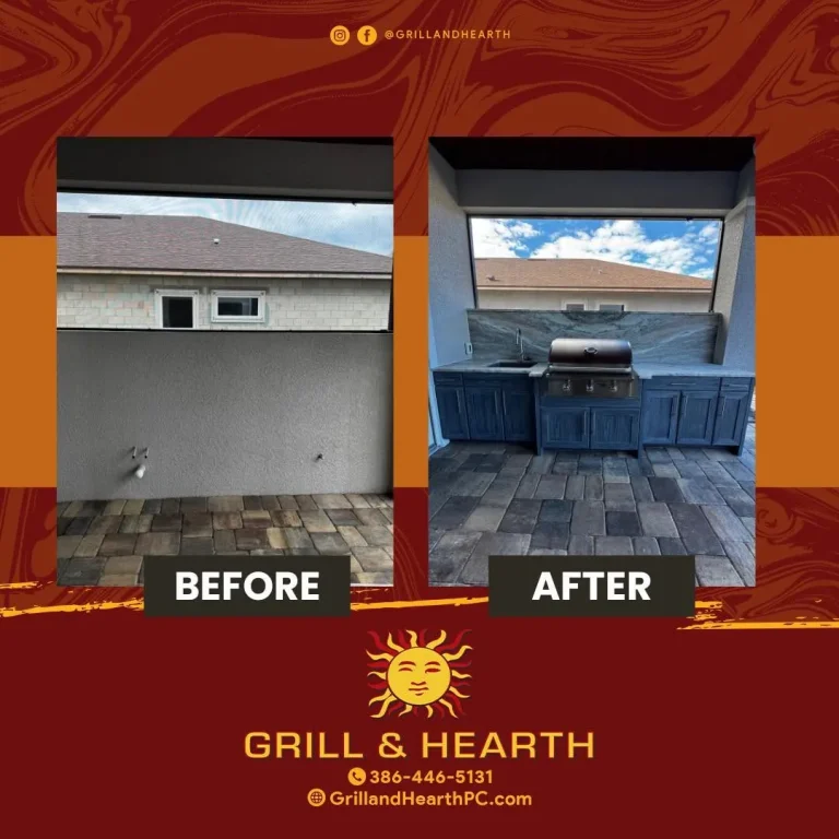 Before and after of an outdoor kitchen with blue NatureKast cabinets