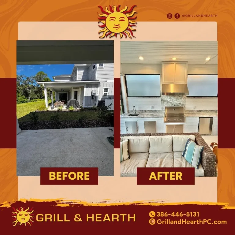Before and after of a dramatic outdoor kitchen transformation