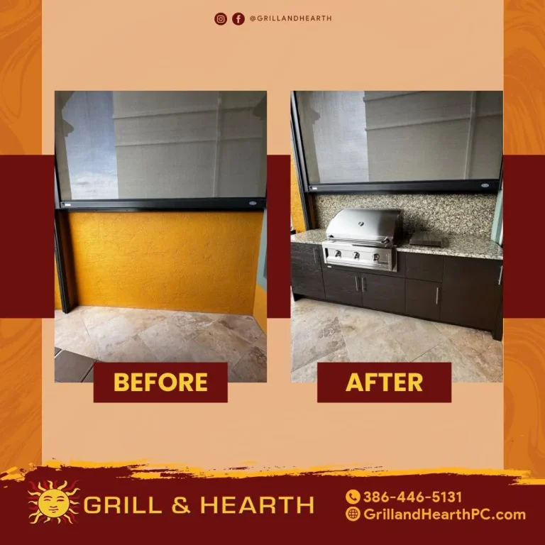 Before and after of an outdoor kitchen built from a blank slate