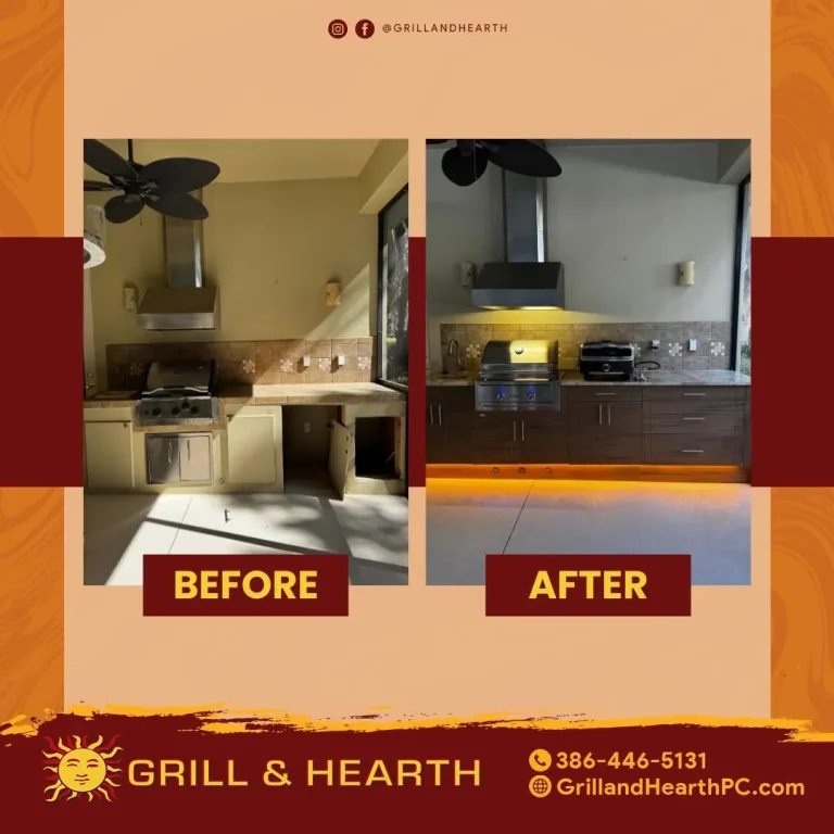 Before and after of an outdoor kitchen tear out and rebuild