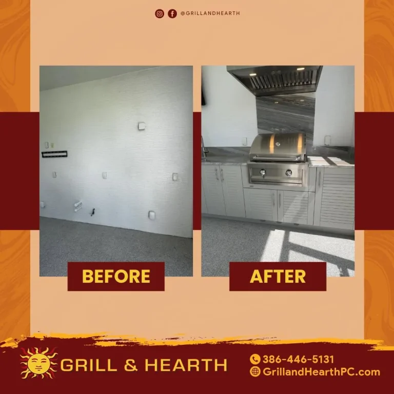 Before and after of an outdoor kitchen with stainless hood