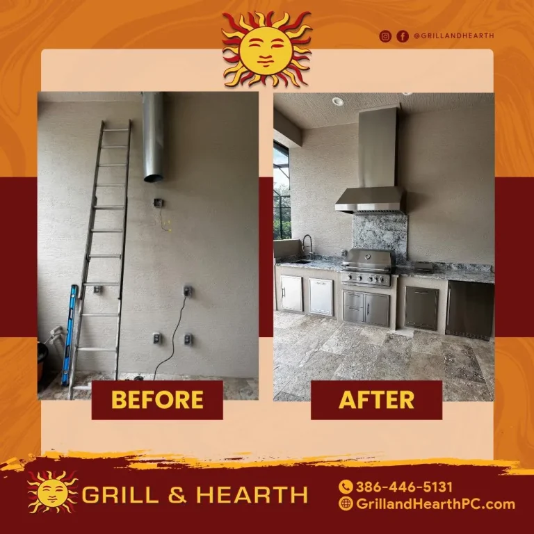 Before and after of an outdoor kitchen with stainless hood and white cabinets