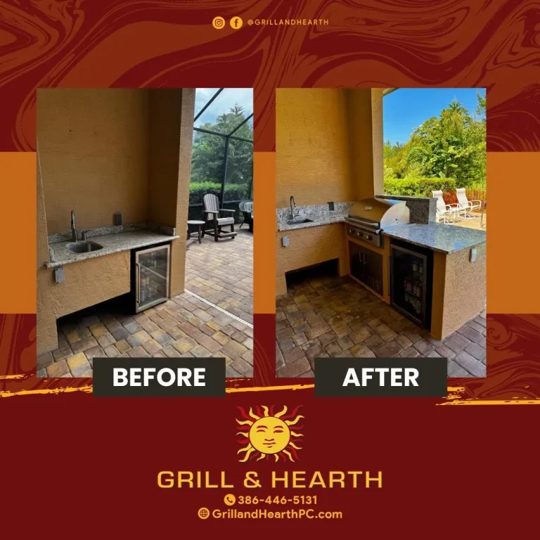 Before and after of an outdoor kitchen with built-in grill and fridge