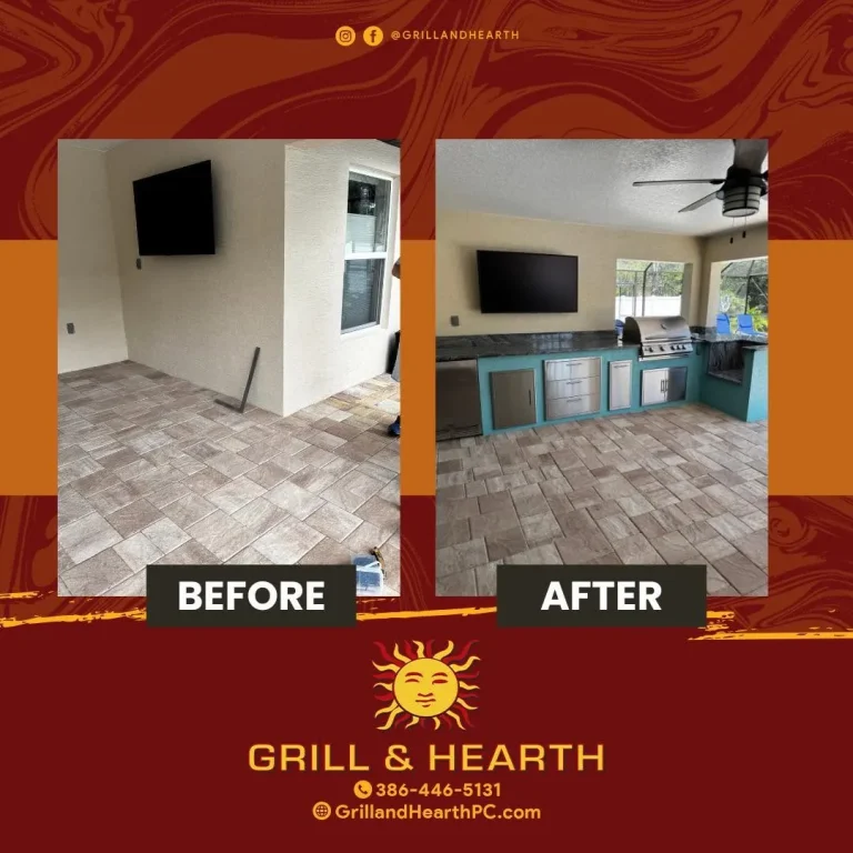 Before and after of a Palm Coast outdoor kitchen with teal cabinets