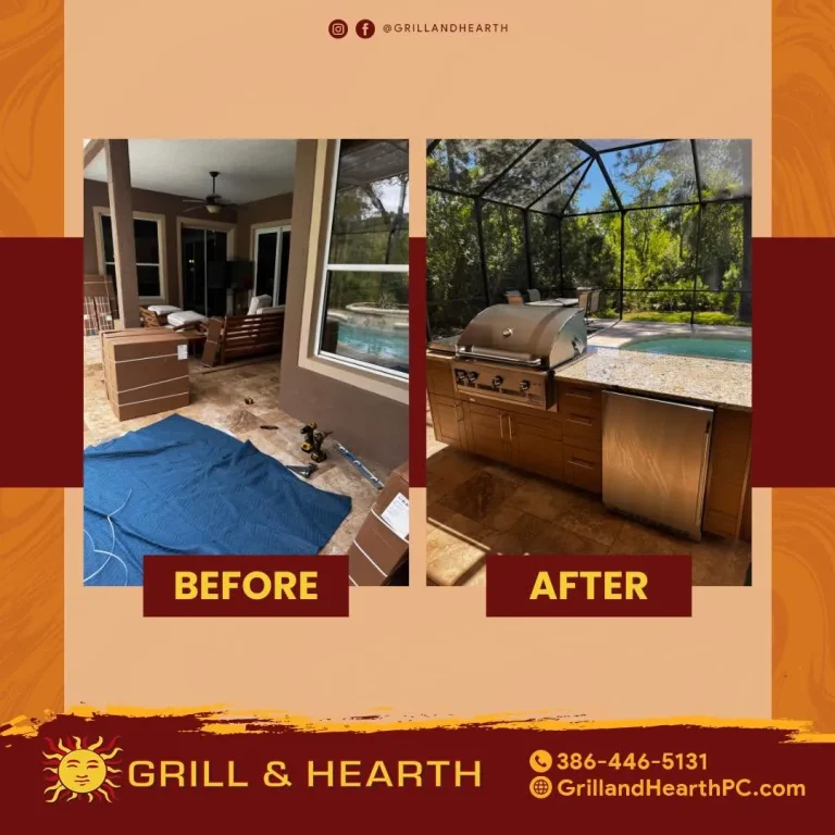 Before and after of a pool-side outdoor kitchen