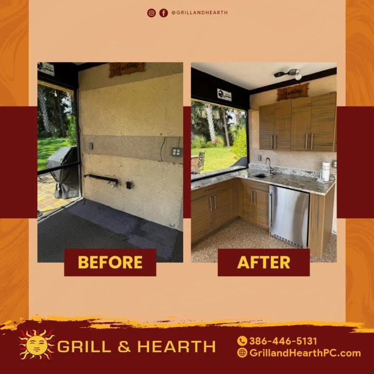 Before and after of a summer kitchen with wood look cabinets