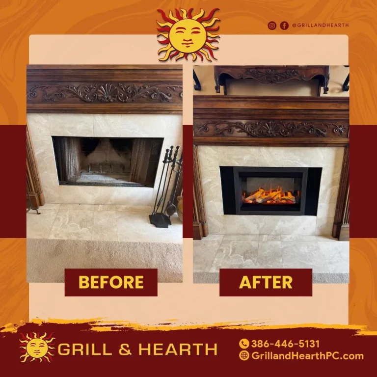 Before and after of a Valor GE3 electric fireplace with custom black surround