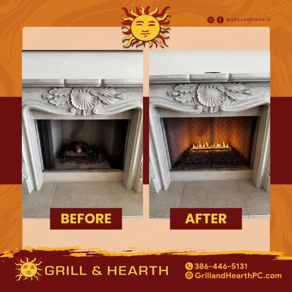 Before and after of a fireplace updated with a vent free gas log set