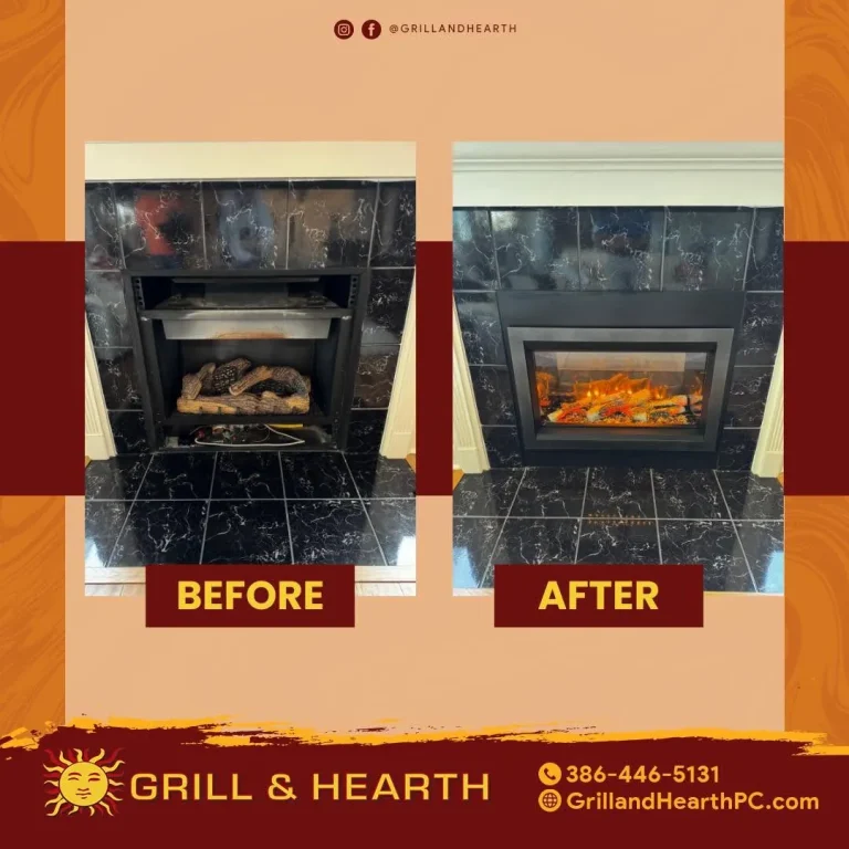 Before and after of a vented gas fireplace replaced with a Valor electric