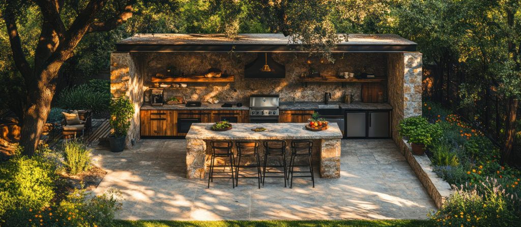 Outdoor kitchen with stone island, built-in grill and seating